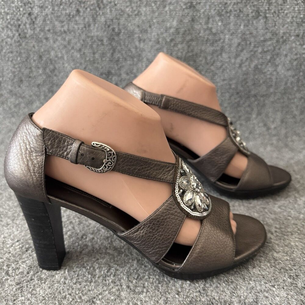 Brighton Viva Pewter Metallic Leather Jewel Strappy Sandals Dress Heels Size 9 M